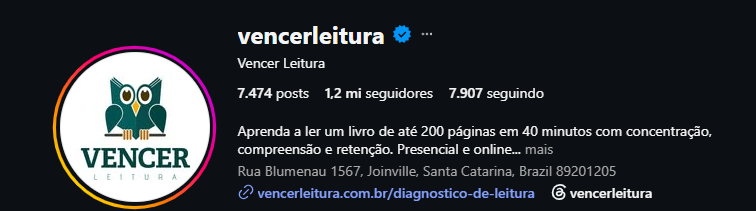 Perfil da Vencer Leitura no Instagram com 1,2 milhão de seguidores